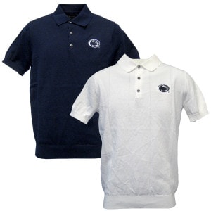 navy and white cotton/silk polo shirts with embroidered Penn State Athletic Logo on left chest
